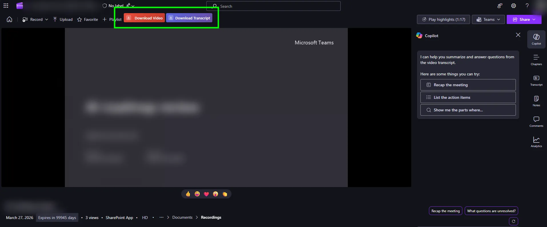 Red Download Video and purple Download Transcript buttons live in the SharePoint / Teams command bar.