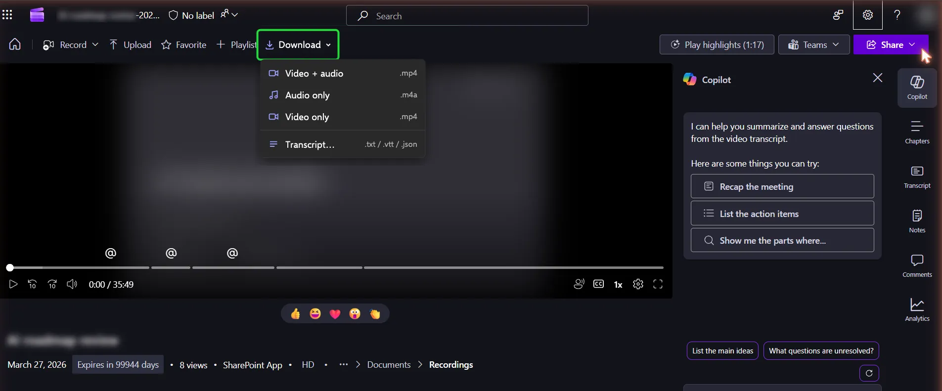Download menu injected into SharePoint Stream's command bar, open on its video, audio and transcript options