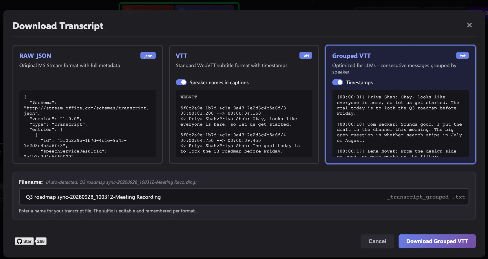 RAW JSON · WebVTT · Grouped TXT. Optional timestamps and speaker names. Live previews. Last format remembered.