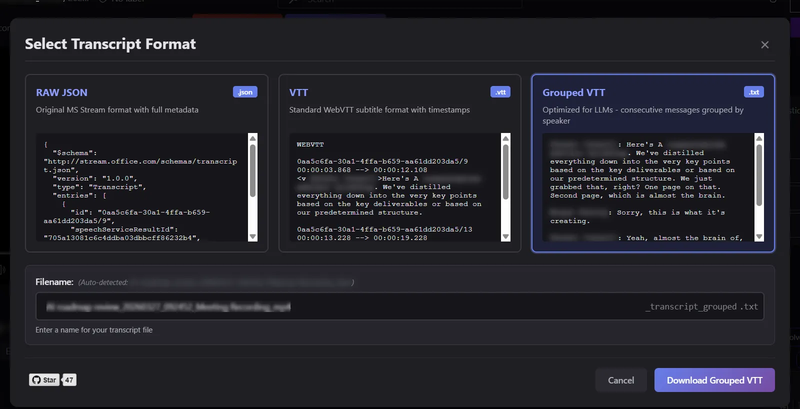 RAW JSON · WebVTT · Grouped TXT. Live previews. Last format remembered.