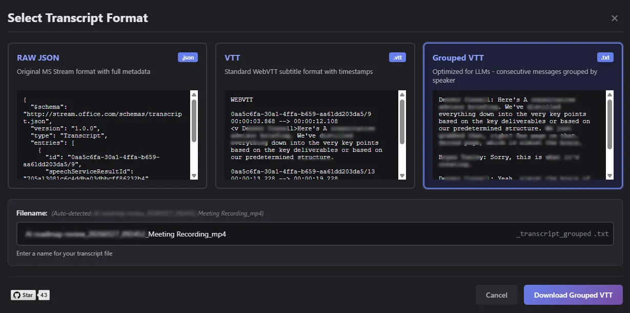 RAW JSON · WebVTT · Grouped TXT. Live previews. Last format remembered.