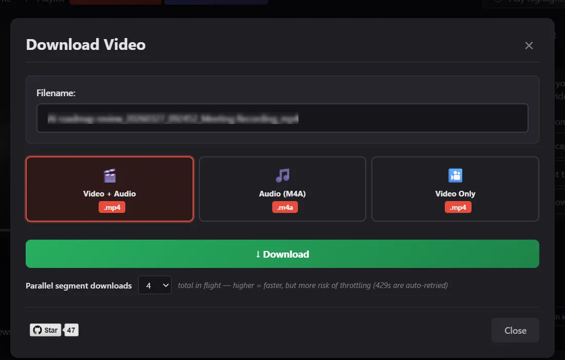 Video download modal — format picker (MP4 / M4A / video-only), parallel segment fetch dial, big green Download button