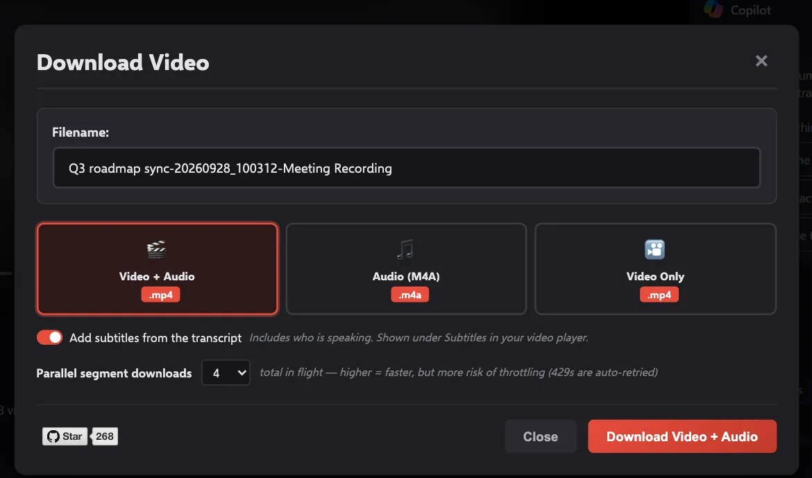 Video download modal — format picker (MP4 / M4A / video-only), subtitles switch, parallel segment fetch dial, Download button in the footer